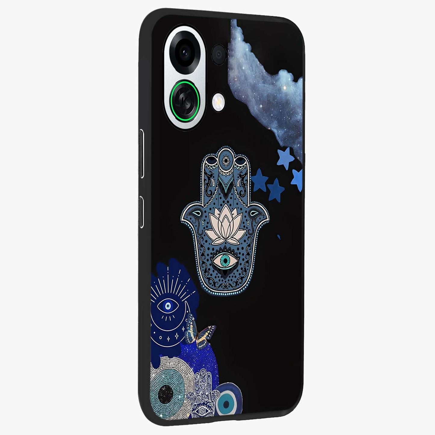 Mystic Hand Aura Glass Case upright view showcasing symbolic hand artwork with mystical energy theme.