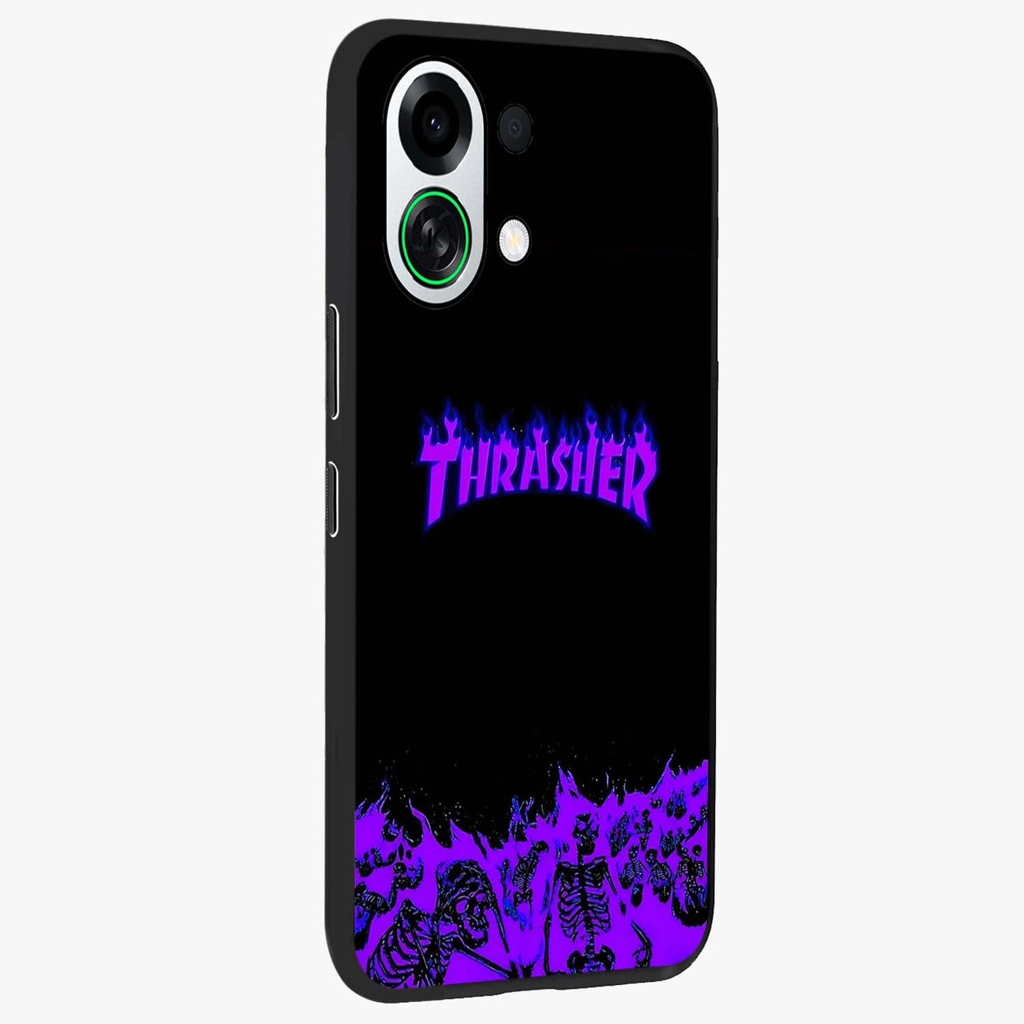 Neon Flame Riot Glass Case upright view showcasing dynamic flame artwork with energetic neon theme.