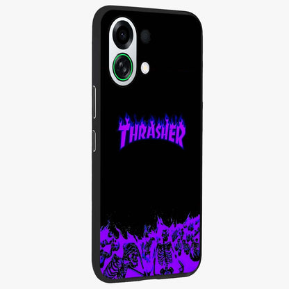 Neon Flame Riot Glass Case upright view showcasing dynamic flame artwork with energetic neon theme.