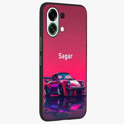 Neon Pink Porsche Glass Case upright view showcasing vibrant sports car artwork with bold automotive theme.