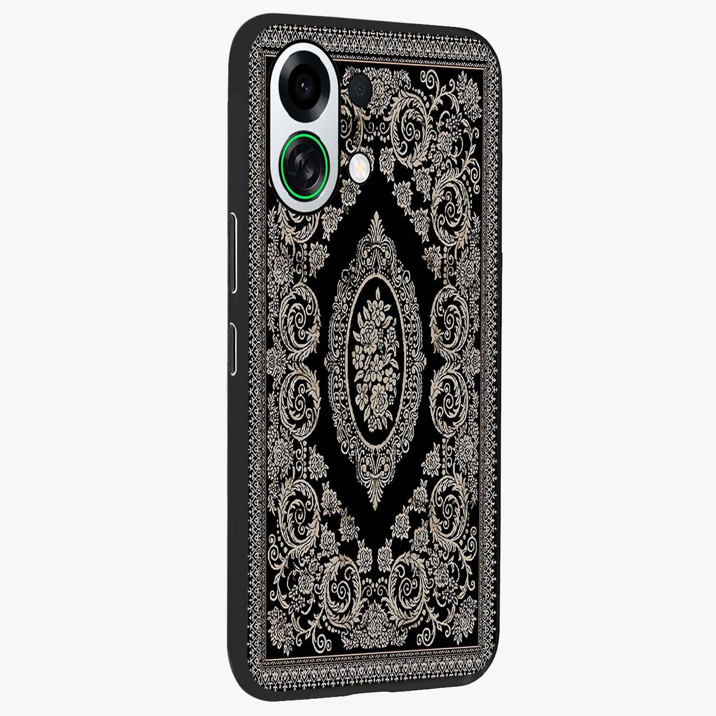 Noir Bloom Elegance Glass Case upright view showcasing graceful floral artwork with luxurious dark theme.