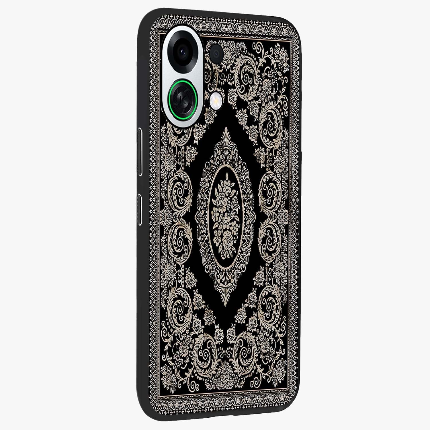 Noir Bloom Elegance Glass Case upright view showcasing graceful floral artwork with luxurious dark theme.