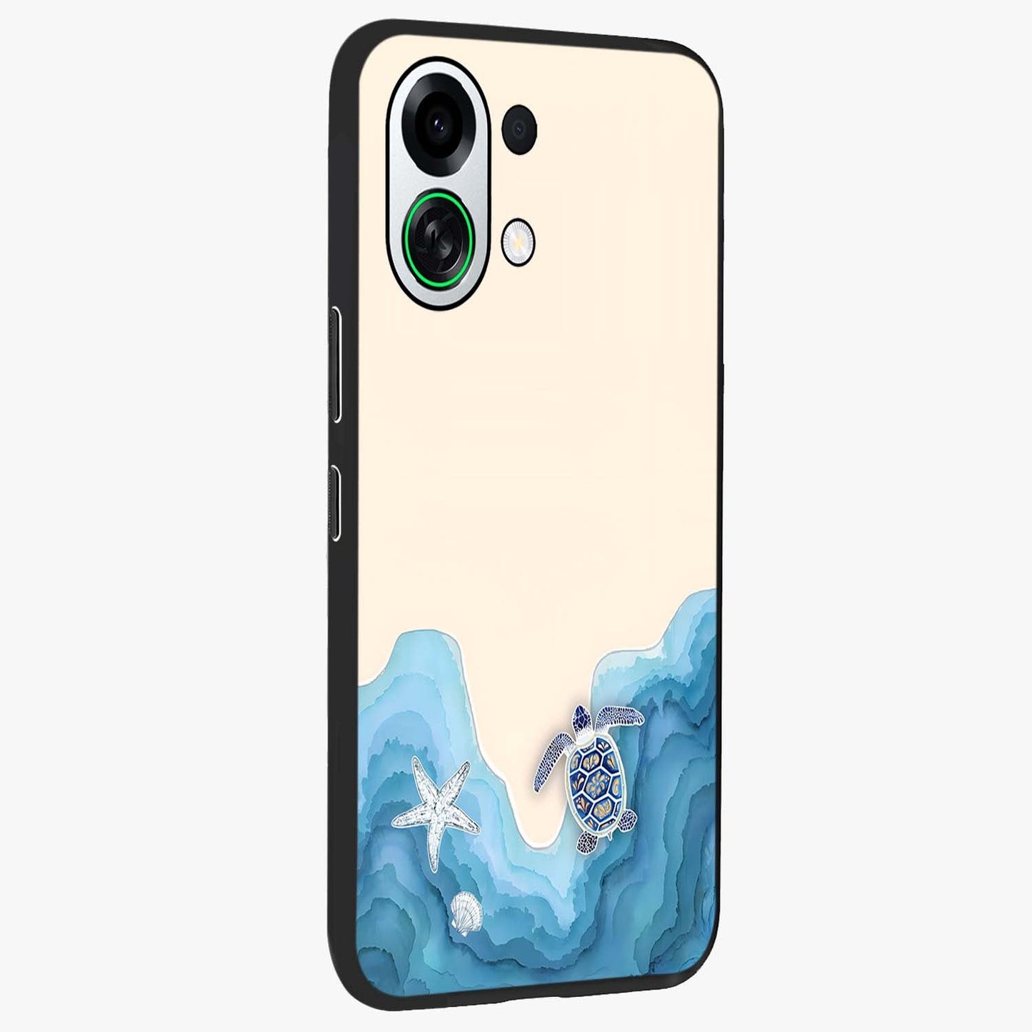 Ocean Drift Turtle Glass Case upright view showcasing calm underwater turtle artwork with nature inspired theme.