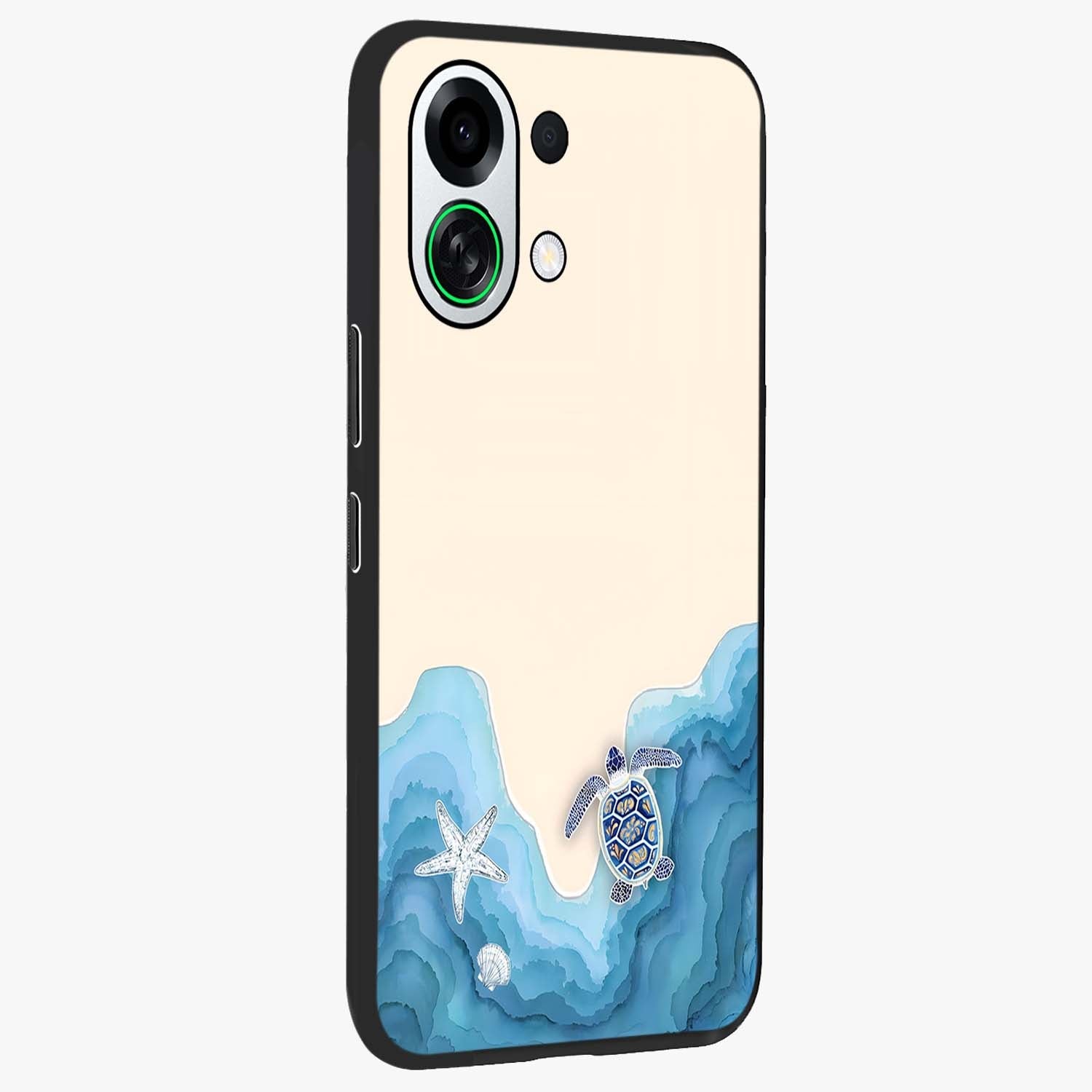 Ocean Drift Turtle Glass Case upright view showcasing calm underwater turtle artwork with nature inspired theme.