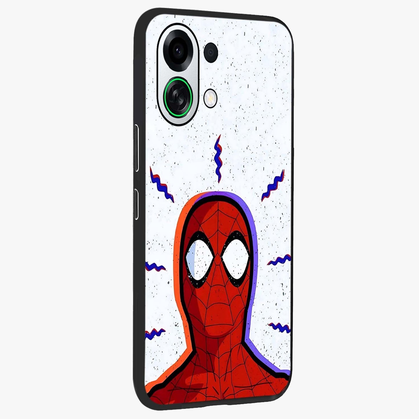 Omg Spiderman Glass Case upright view showcasing energetic superhero artwork with vibrant comic theme.