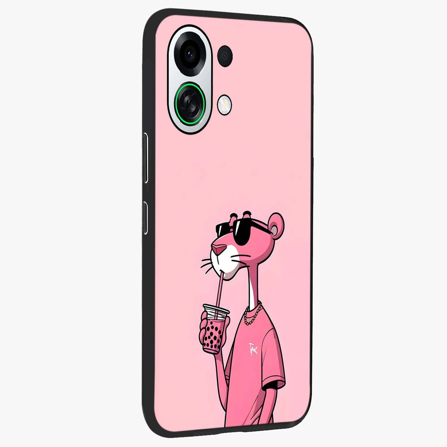 Pink Panther Glass Case upright view showcasing fun animated artwork with stylish retro cartoon theme.