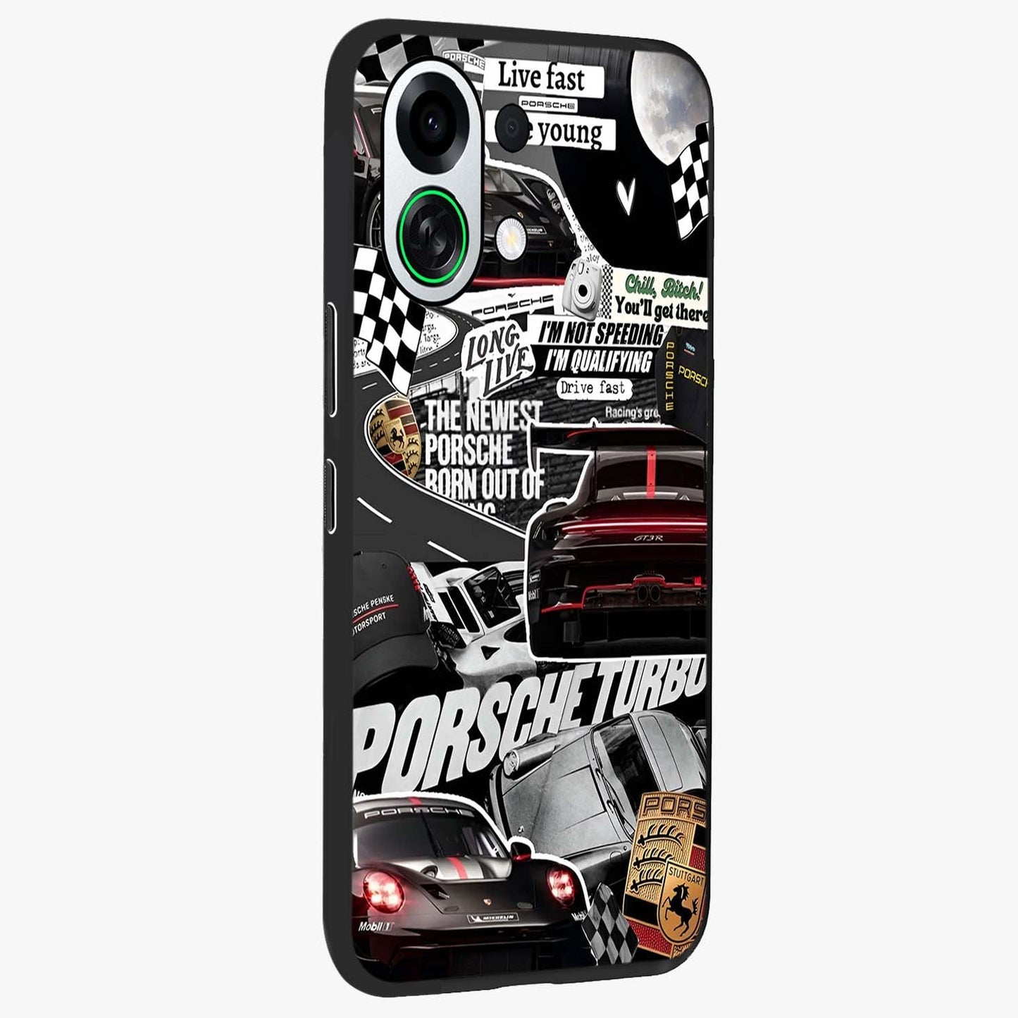 Porsche Racing Collage Glass Case upright view showcasing energetic car collage artwork with high speed racing theme.