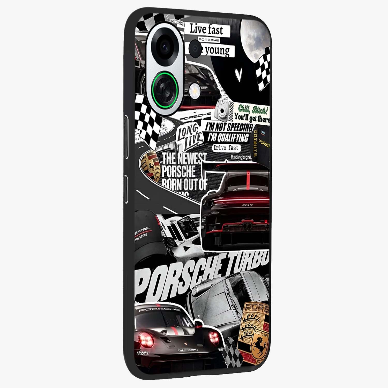 Porsche Racing Collage Glass Case upright view showcasing energetic car collage artwork with high speed racing theme.