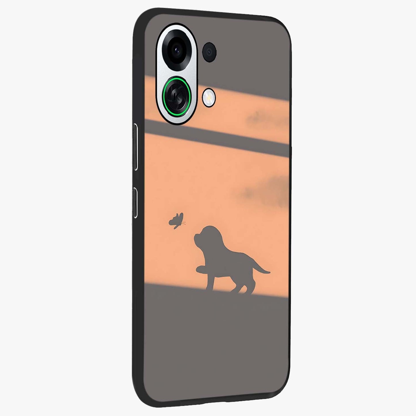 Puppy Shadow Art Glass Case upright view showcasing charming puppy artwork with creative silhouette theme.