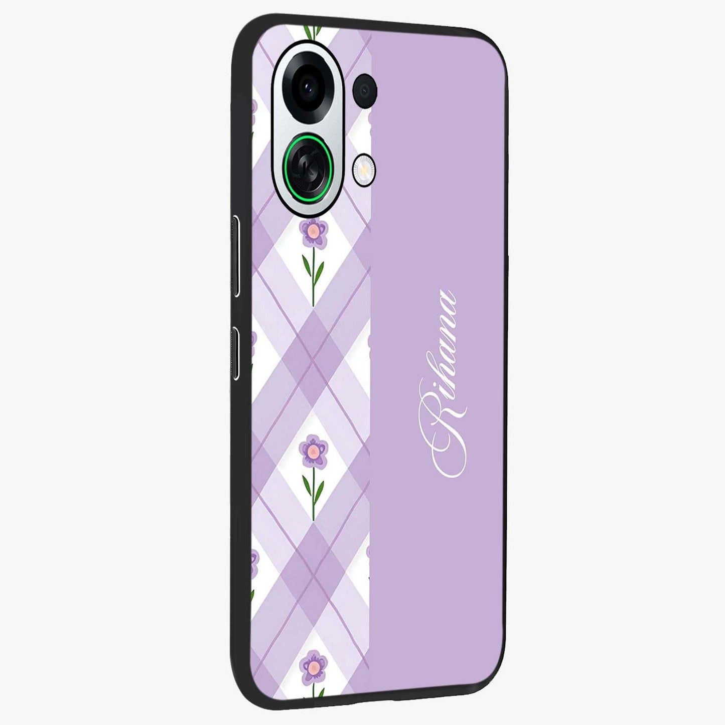 Purple Diamond Floral Glass Case upright view showcasing vibrant floral artwork with stylish geometric theme.
