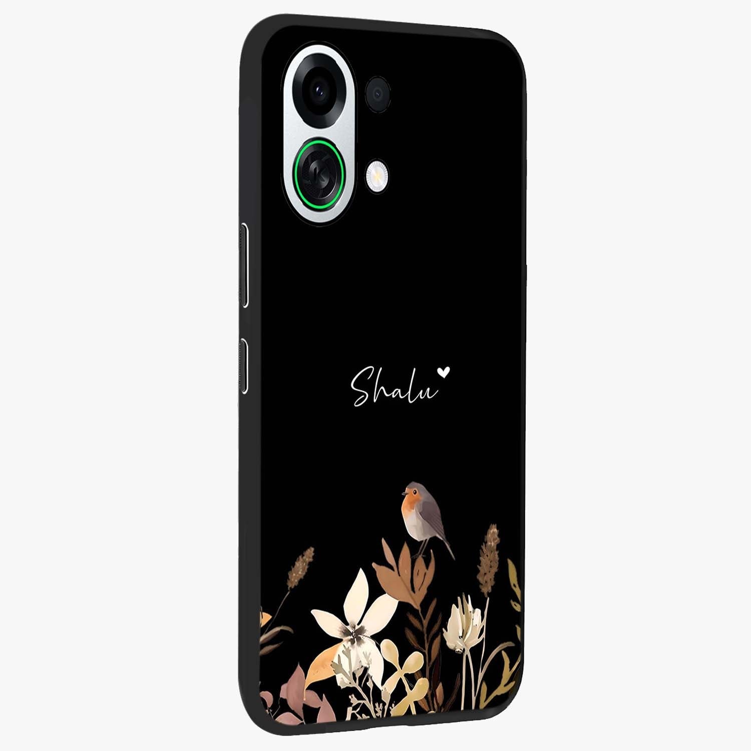 Quiet Garden Tune Custom Name Glass Case upright view showcasing serene botanical artwork with personalized aesthetic.