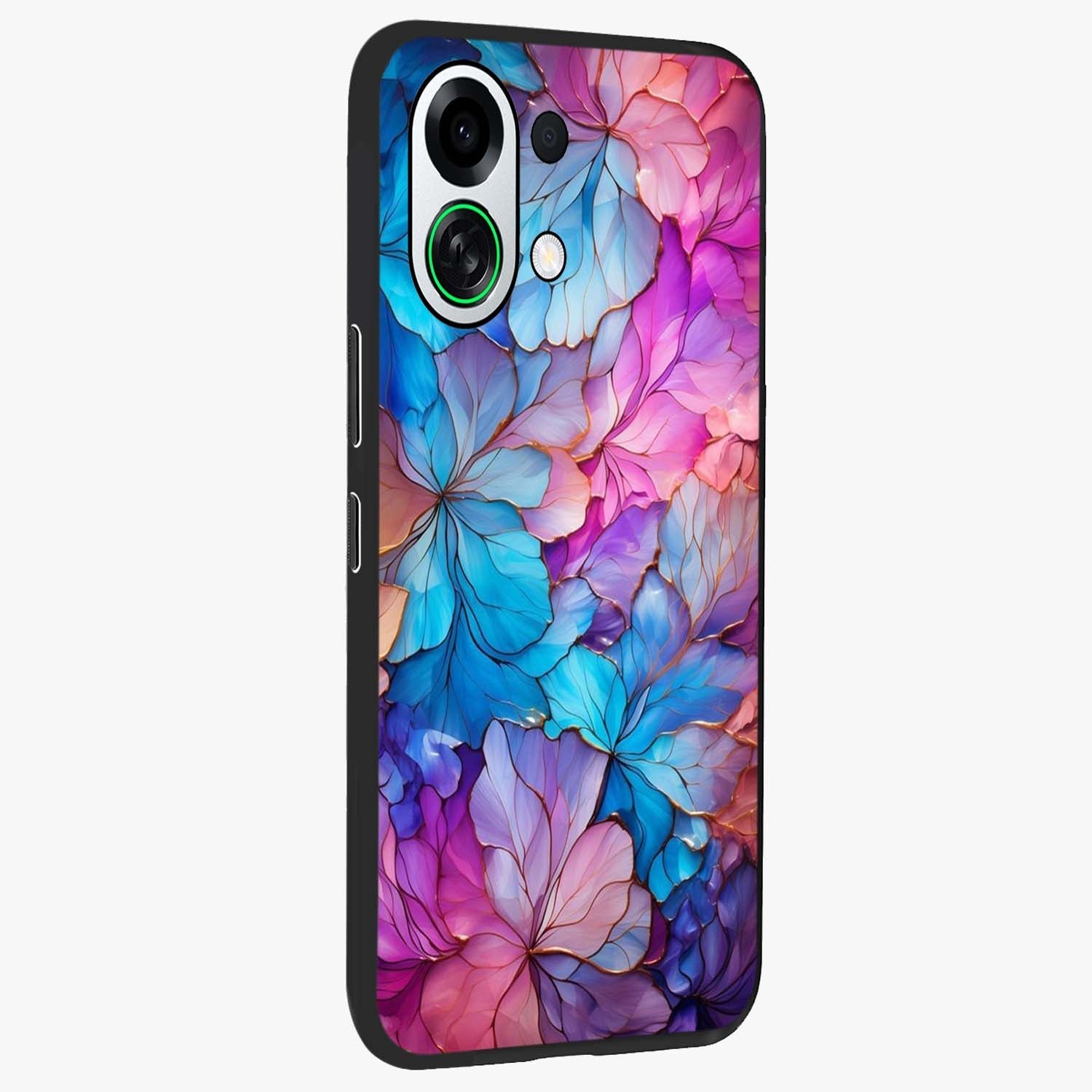 Radiant Floral Whirl Glass Case upright view showcasing lively floral artwork with decorative swirl theme.