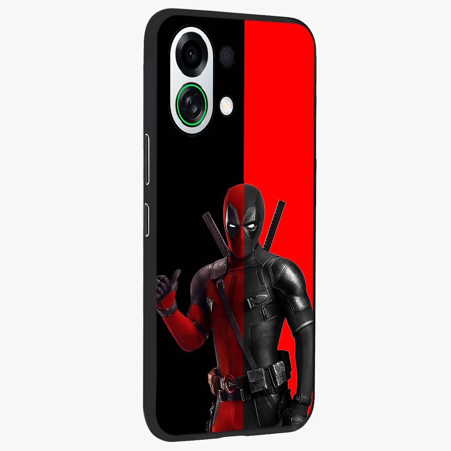 Red & Black Deadpool Theme Glass Case upright view showcasing energetic comic themed artwork with striking red and black design.