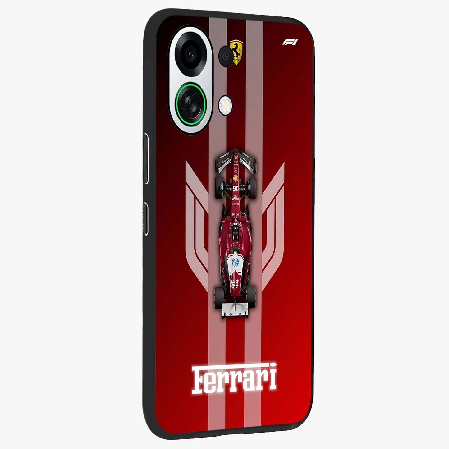 Red Ferrari F1 Vertical Glass Case upright view showcasing powerful Formula car artwork with dynamic motorsport theme.