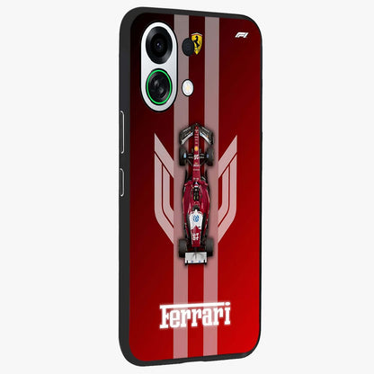 Red Ferrari F1 Vertical Glass Case upright view showcasing powerful Formula car artwork with dynamic motorsport theme.