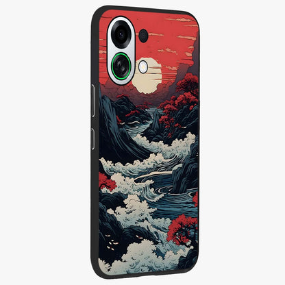 Red Sunset Scenery Glass Case upright view showcasing dramatic sunset scenery artwork with warm nature theme.