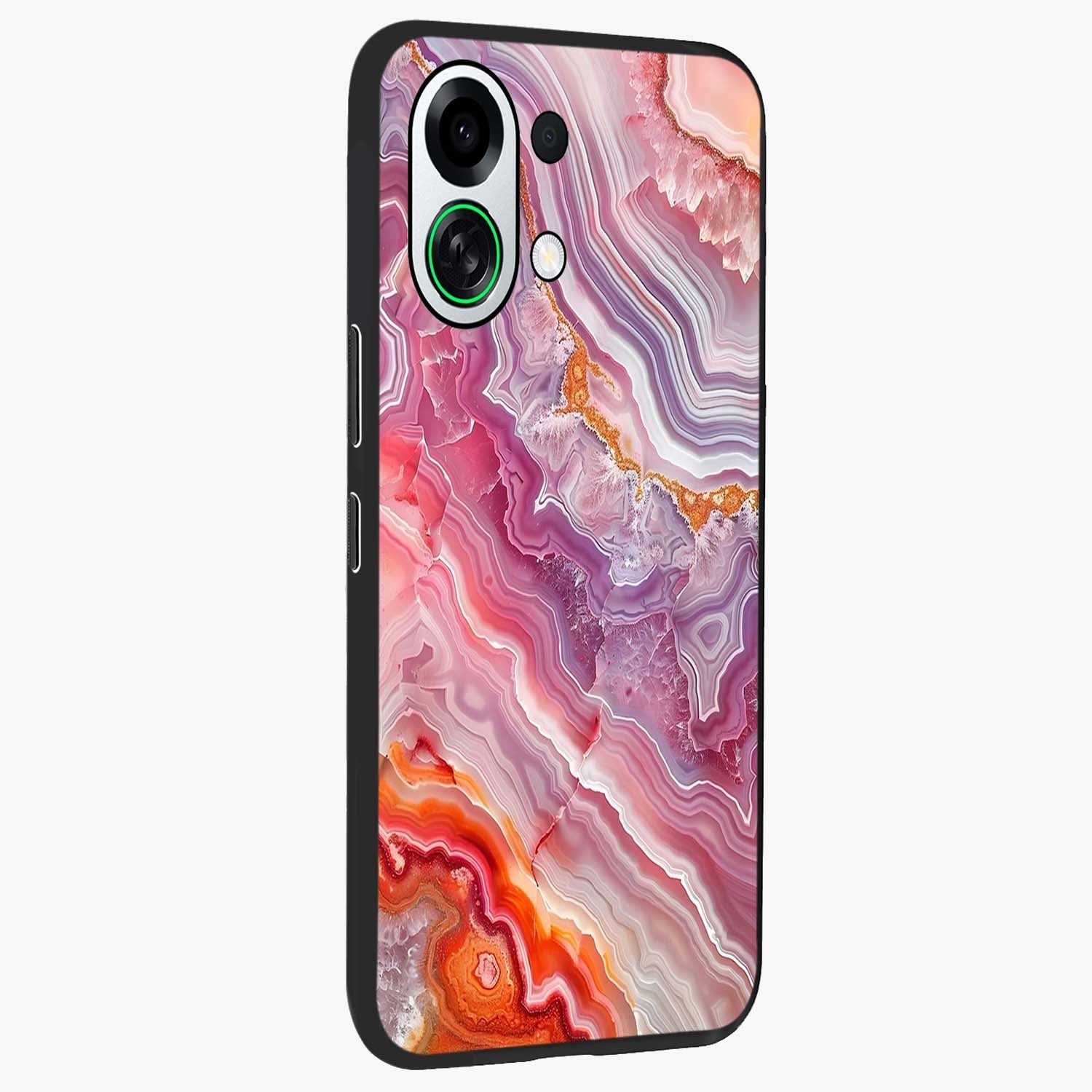 Rose Quartz Marble Glass Case upright view showcasing decorative marble artwork with luxurious pastel theme.