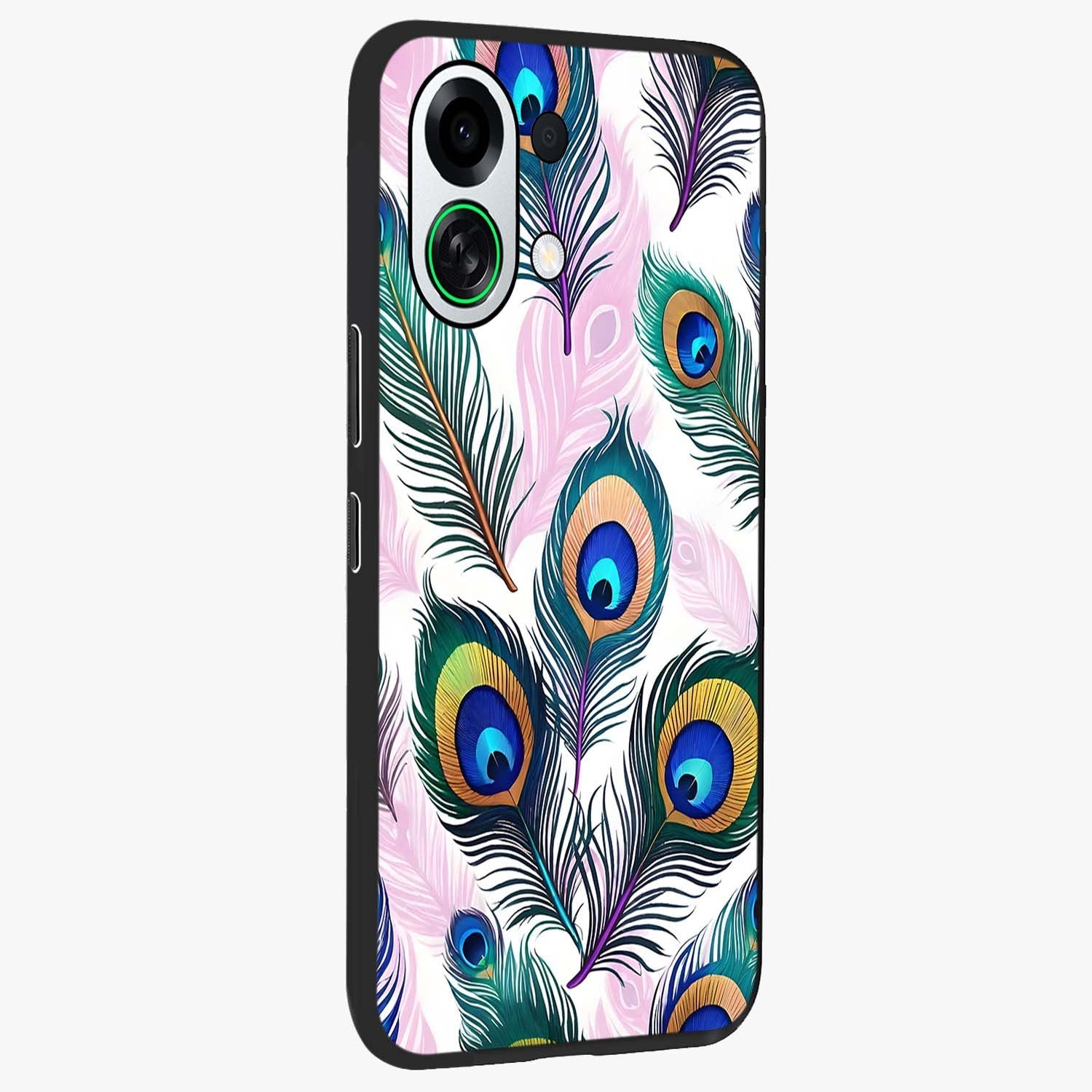 Royal Peacock Feathers Glass Case upright view showcasing elegant peacock feather artwork with decorative royal theme.