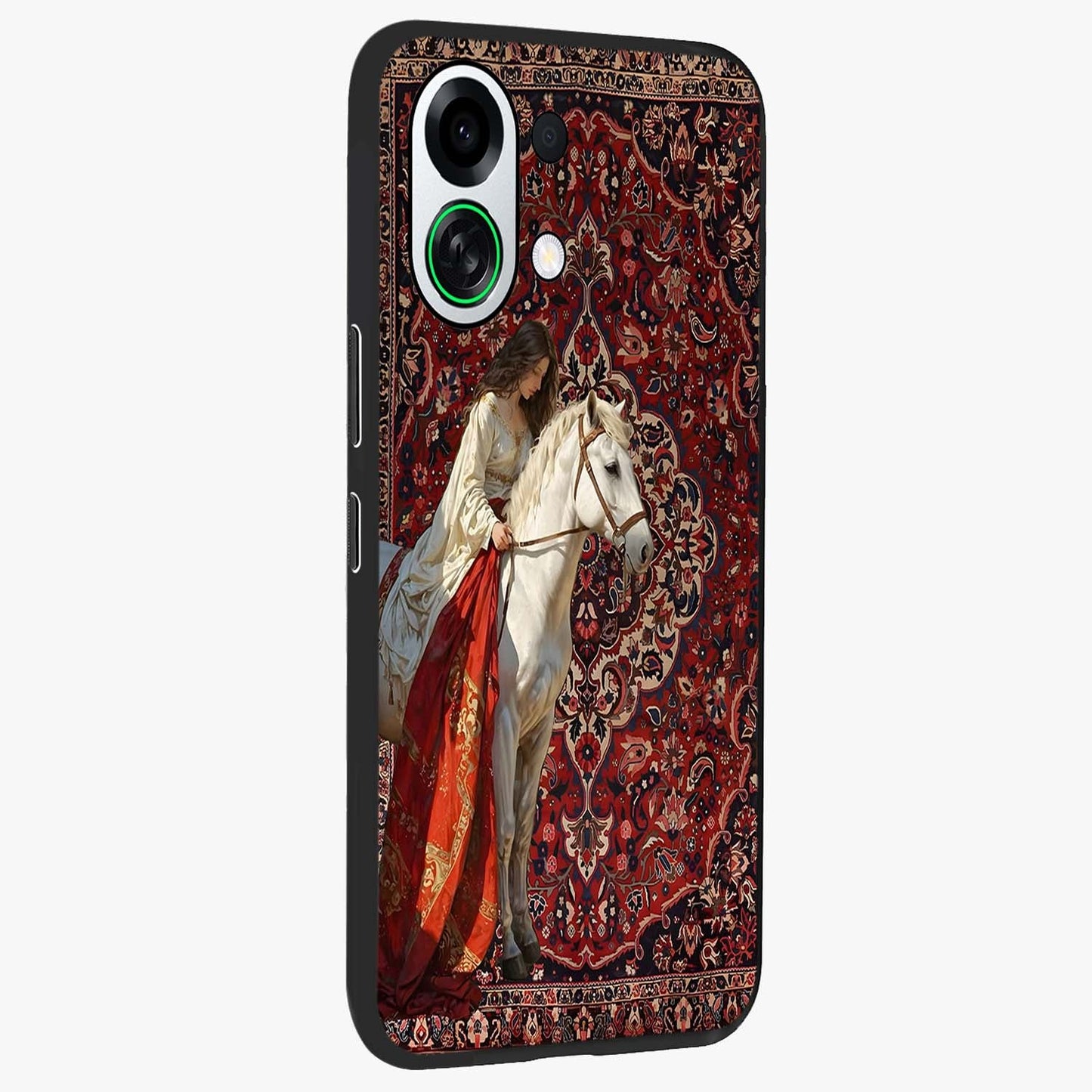 Royal Rider Tapestry Glass Case upright view showcasing detailed rider artwork with classic tapestry theme.