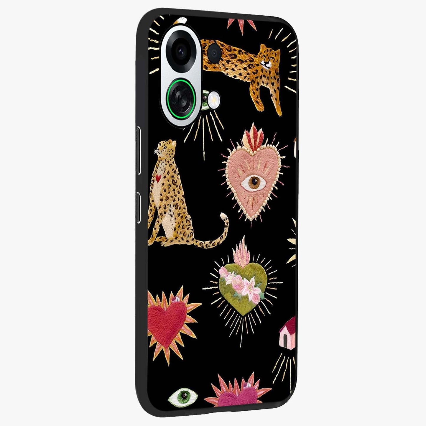 Sacred Jungle Heart Glass Case upright view showcasing vibrant jungle artwork with symbolic heart theme.