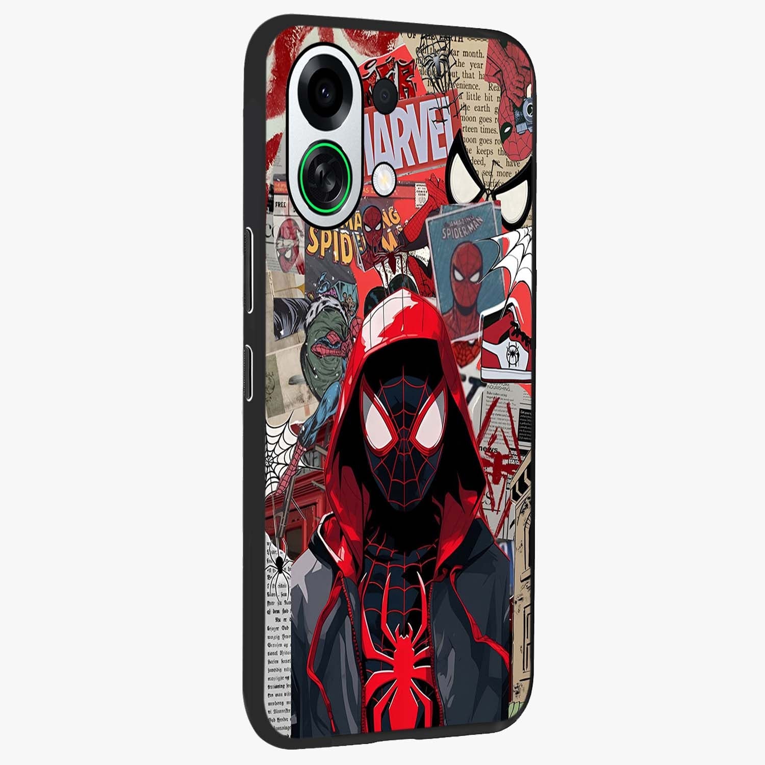 Spider Collage Street Glass Case upright view showcasing bold superhero artwork with urban street theme.