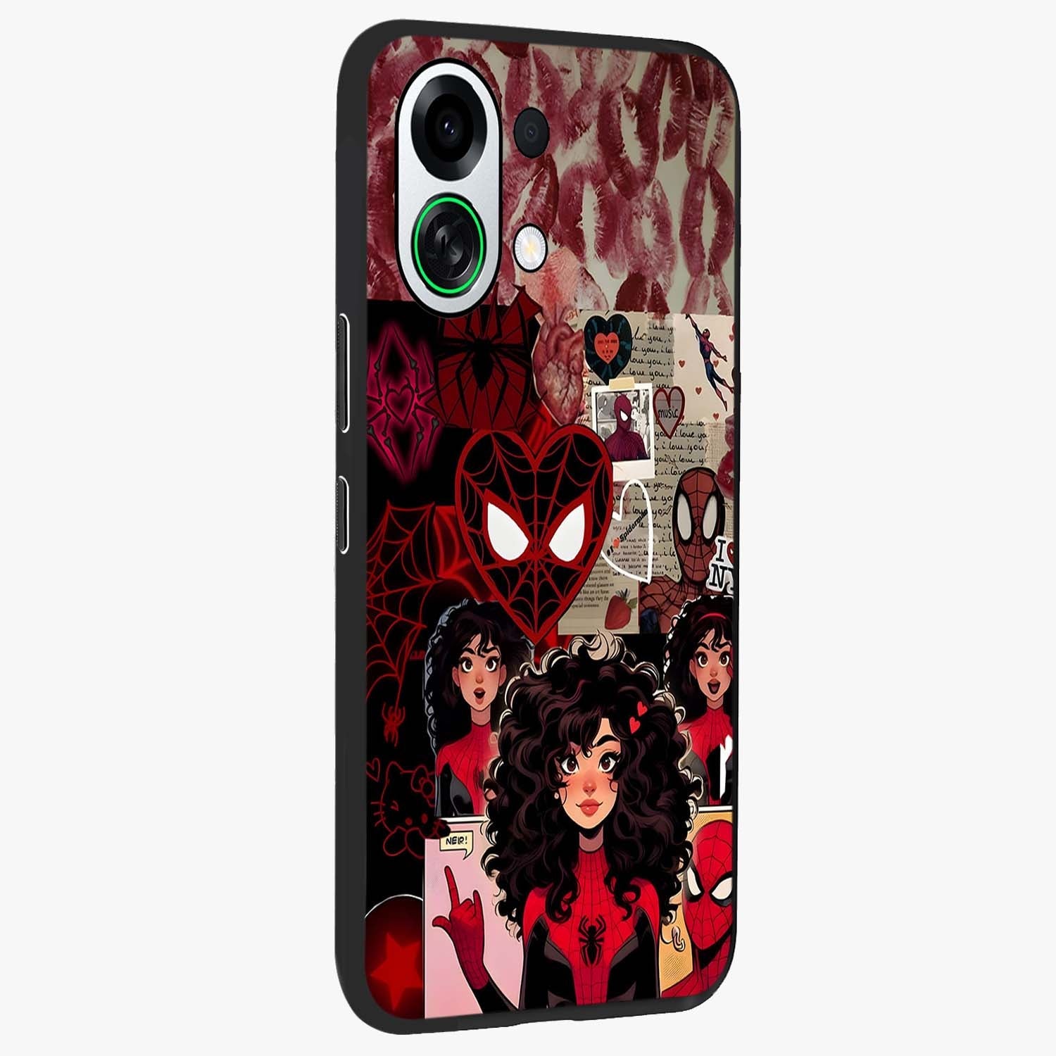 Spider Love Story Glass Case upright view showcasing charming superhero artwork with romantic comic theme.