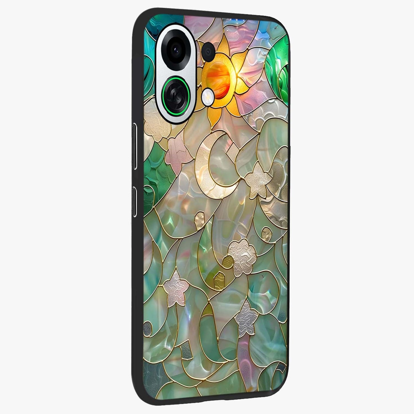 Stained Sunrise Glow Glass Case upright view showcasing colorful sunrise artwork with warm morning theme.
