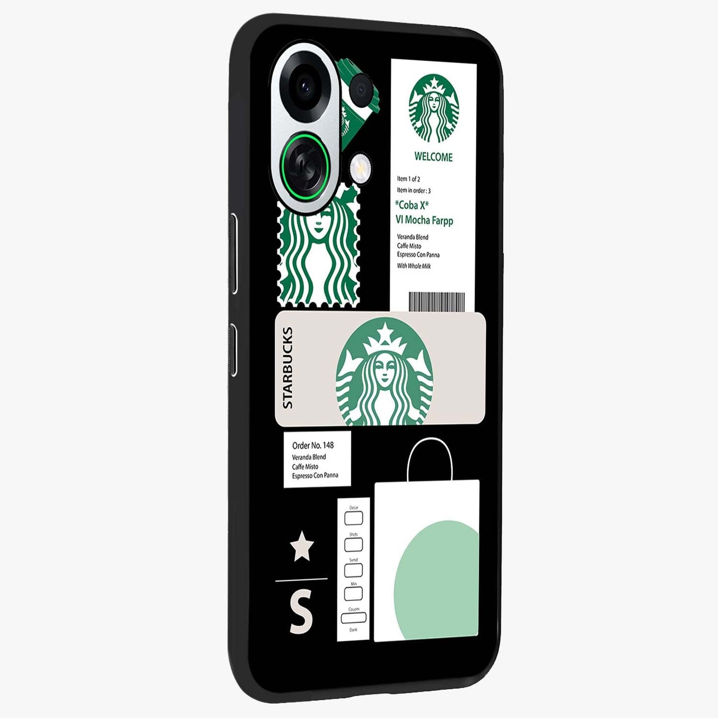 Starbucks Mocha Glass Case upright view showcasing trendy coffee inspired artwork with modern lifestyle theme.