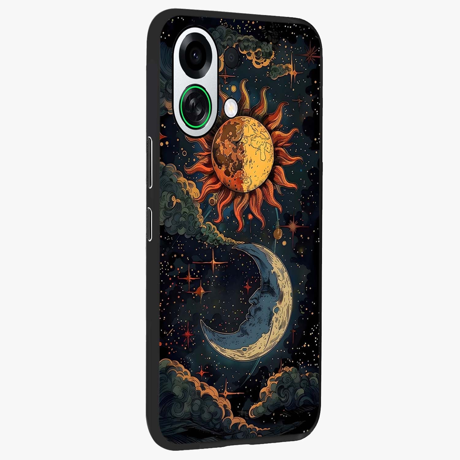 Sun And Moon Magic Design Glass Case upright view showcasing decorative sun and moon artwork with spiritual celestial theme.