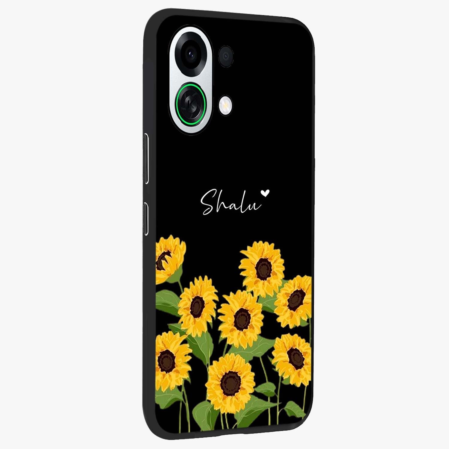 Sunflower Chic Mood Custom Name Glass Case upright view showcasing cheerful sunflower artwork with trendy floral theme.