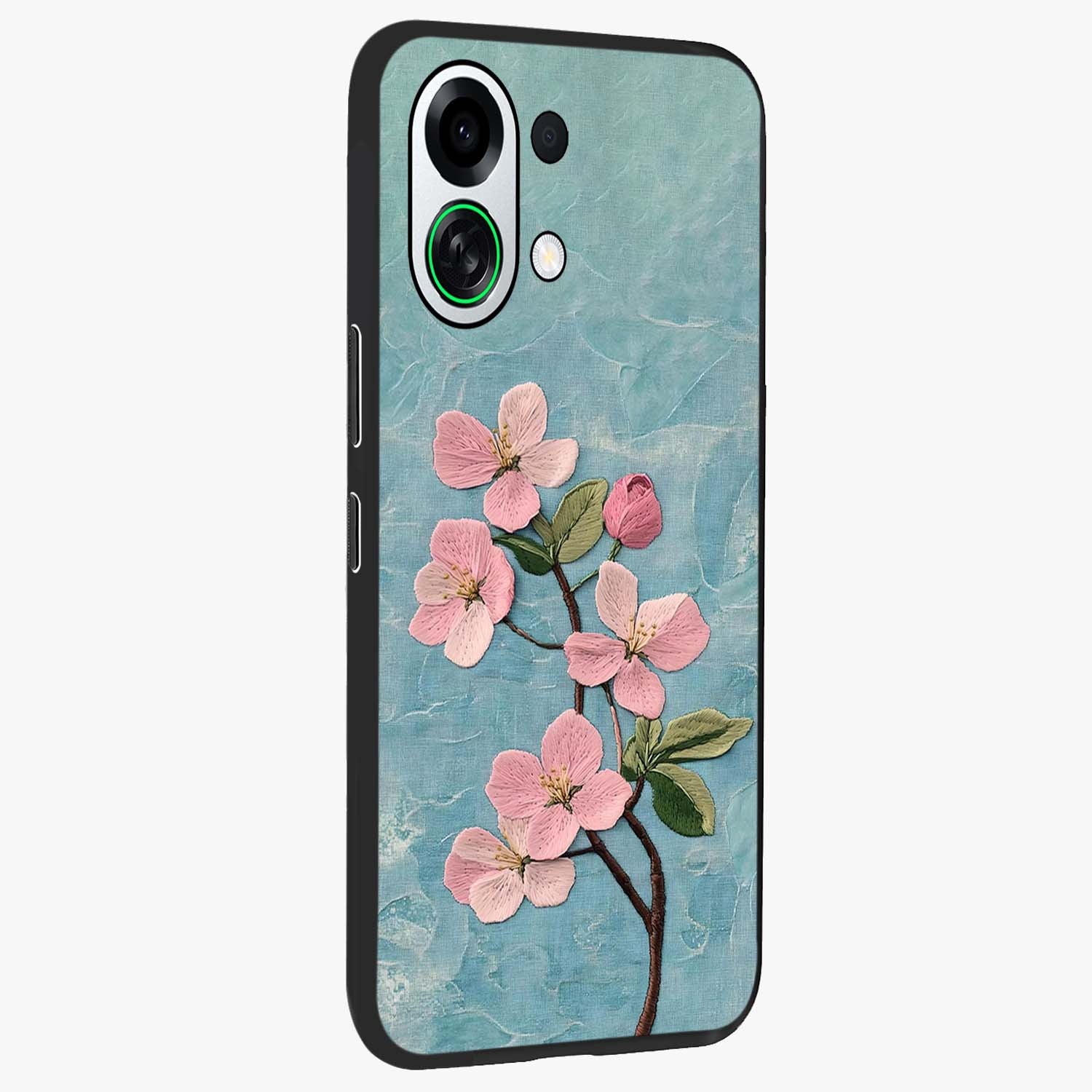 Threaded Blossom Breeze Glass Case upright view showcasing graceful flower artwork with calm botanical theme.