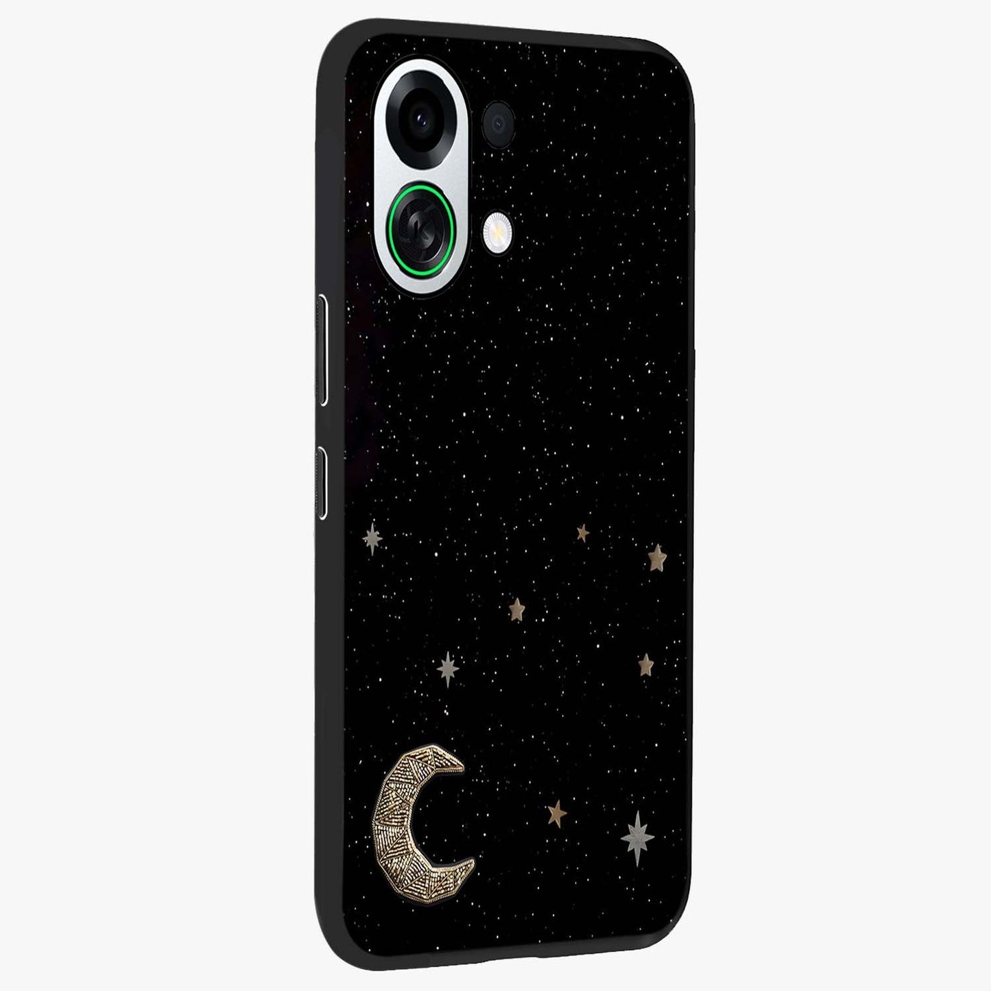 Twinkle Star With Half Moon Glass Case upright view showcasing glowing cosmic artwork with dreamy night theme.