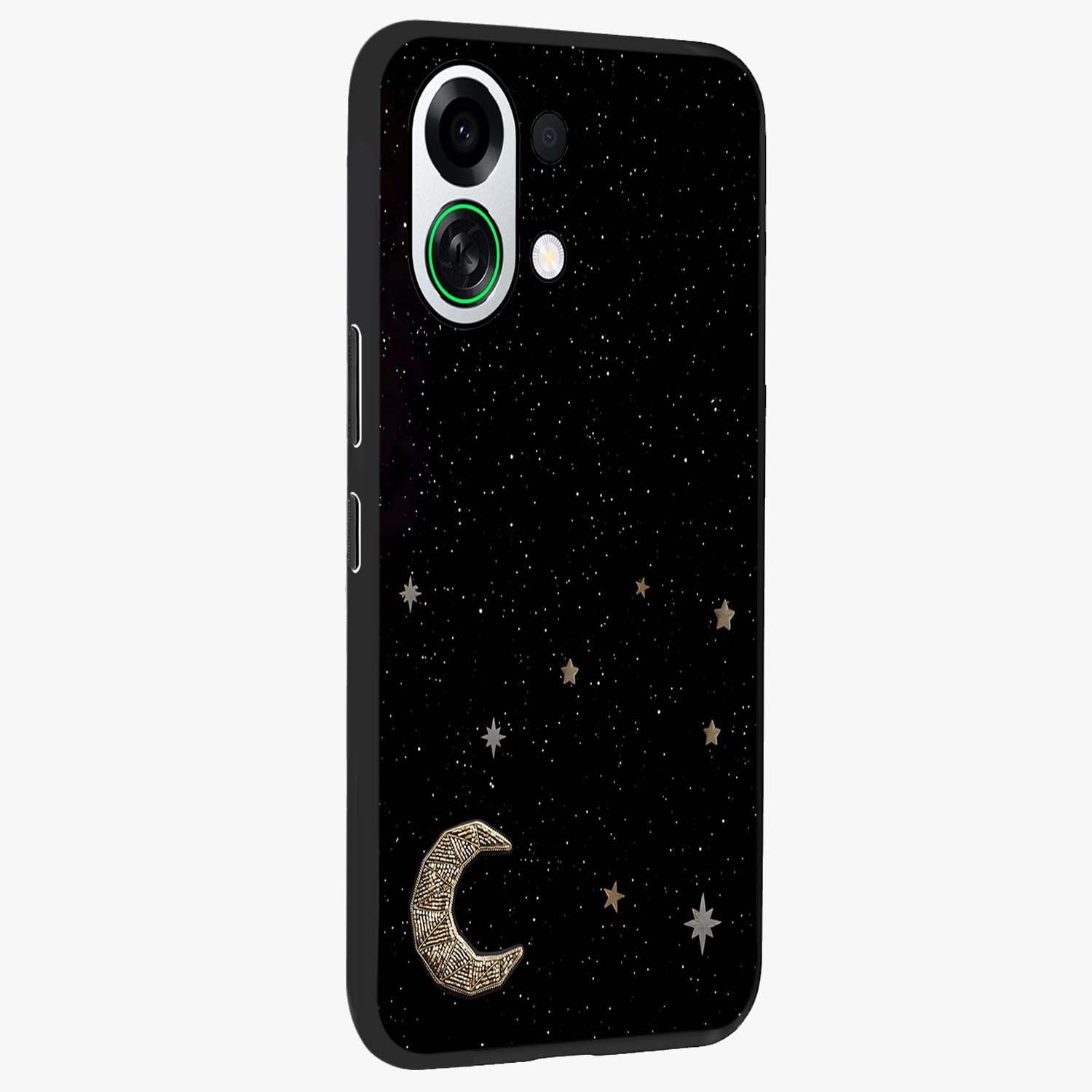 Twinkle Star With Half Moon Glass Case upright view showcasing glowing cosmic artwork with dreamy night theme.
