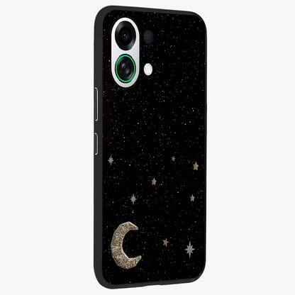 Twinkle Star With Half Moon Glass Case upright view showcasing glowing cosmic artwork with dreamy night theme.