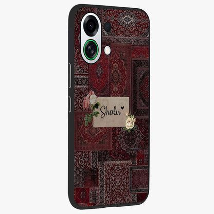Velvet Wine Pattern Custom Name Glass Case upright view showcasing luxurious wine toned artwork with personalized aesthetic.