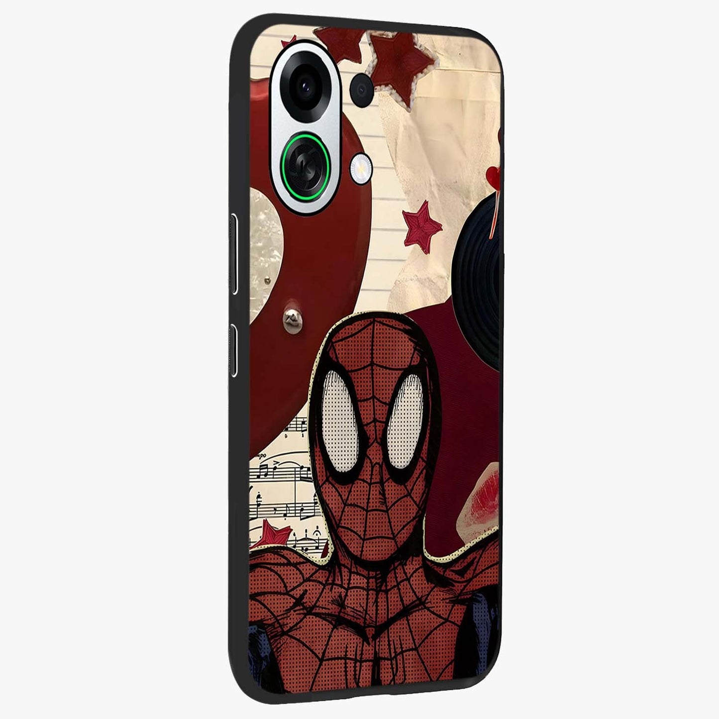 Web Warrior Vibes Glass Case upright view showcasing energetic superhero artwork with bold action theme.