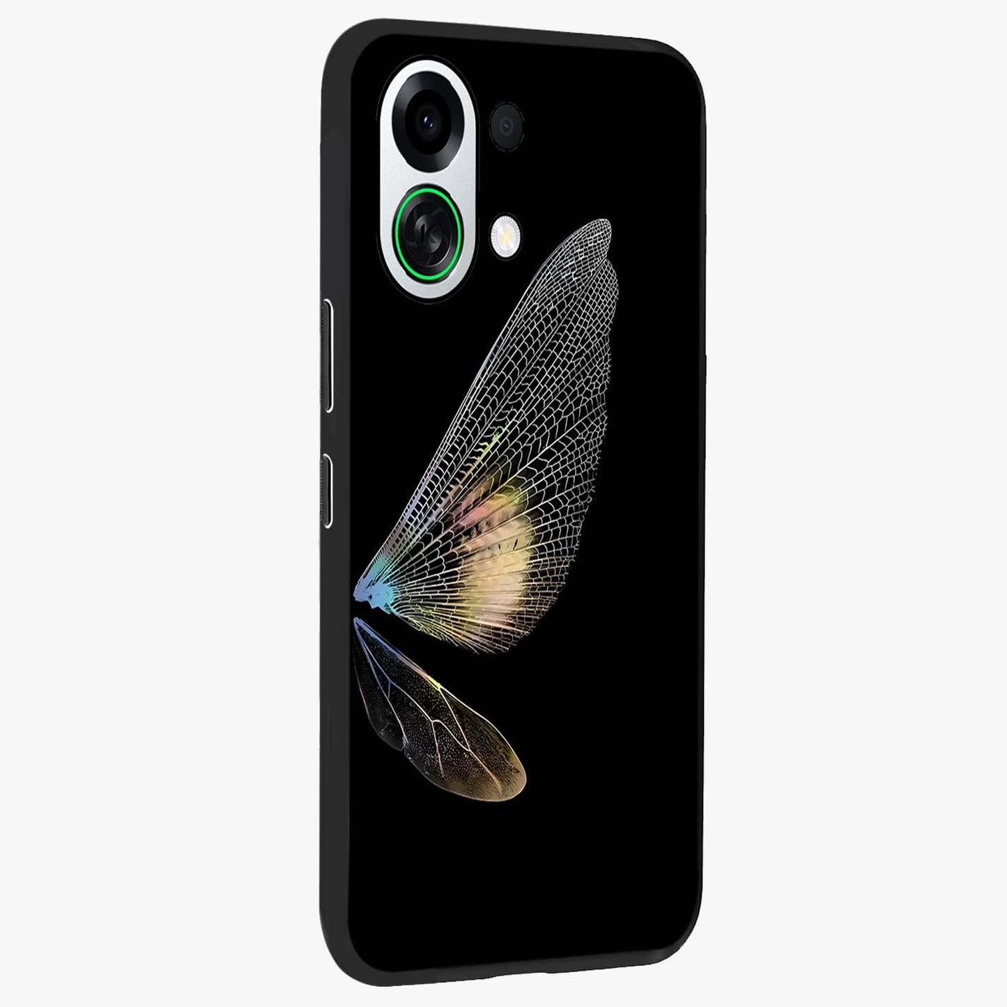 Whispers Of Wings Glass Case upright view showcasing elegant wing artwork with light airy theme.