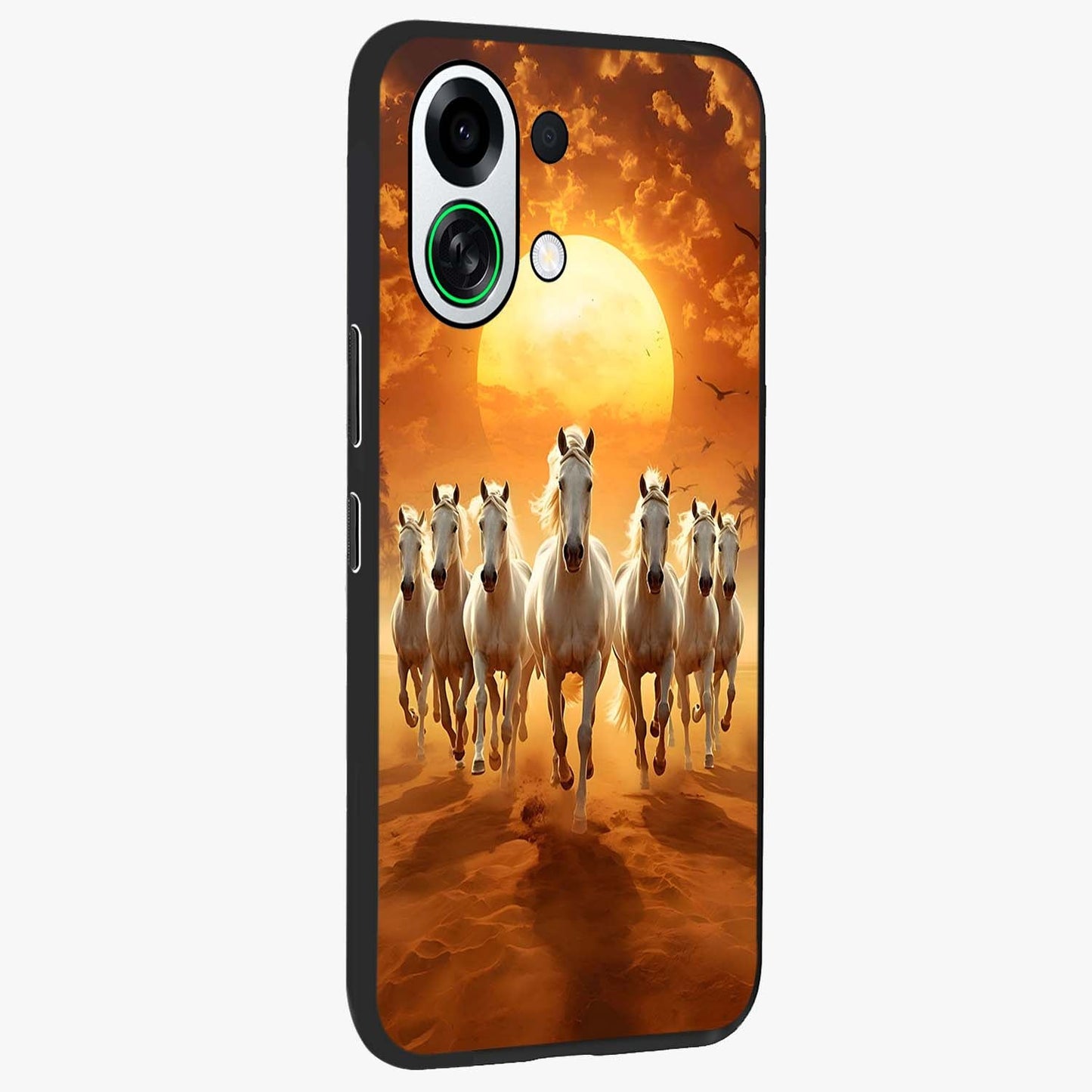 Wild Sunset Majesty Glass Case upright view showcasing dramatic sunset artwork with bold nature theme.