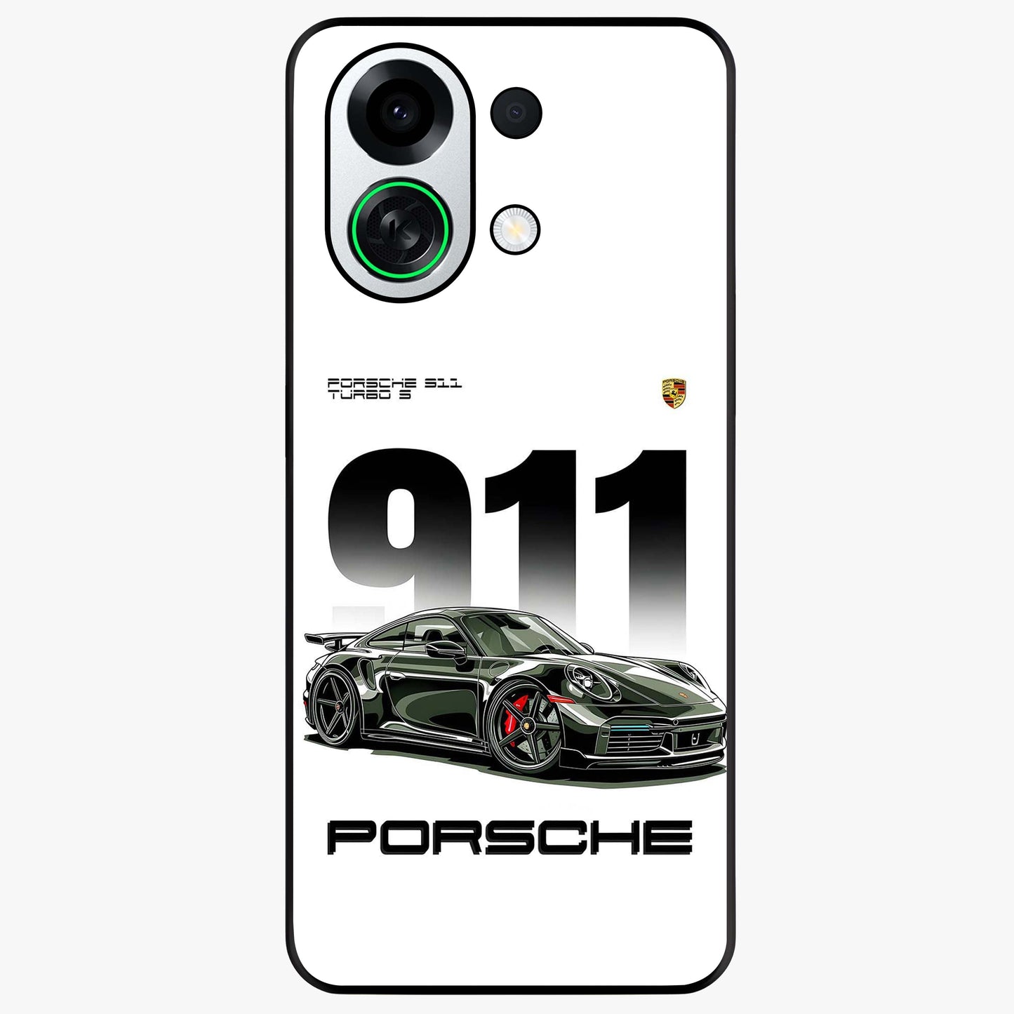 911 Turbo Dominance Glass Case showing clean flat back view with bold 911 sports car artwork and glossy glass finish.
