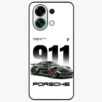 911 Turbo Dominance Glass Case showing clean flat back view with bold 911 sports car artwork and glossy glass finish.