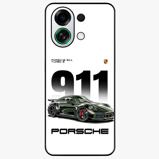911 Turbo Dominance Glass Case showing clean flat back view with bold 911 sports car artwork and glossy glass finish.