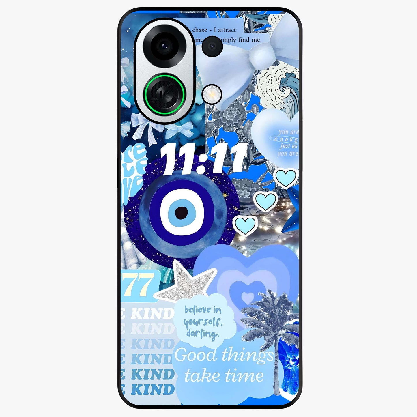 Aesthetic Be Kind Eye Glass Case showing flat back view with motivational eye artwork and glossy glass finish.