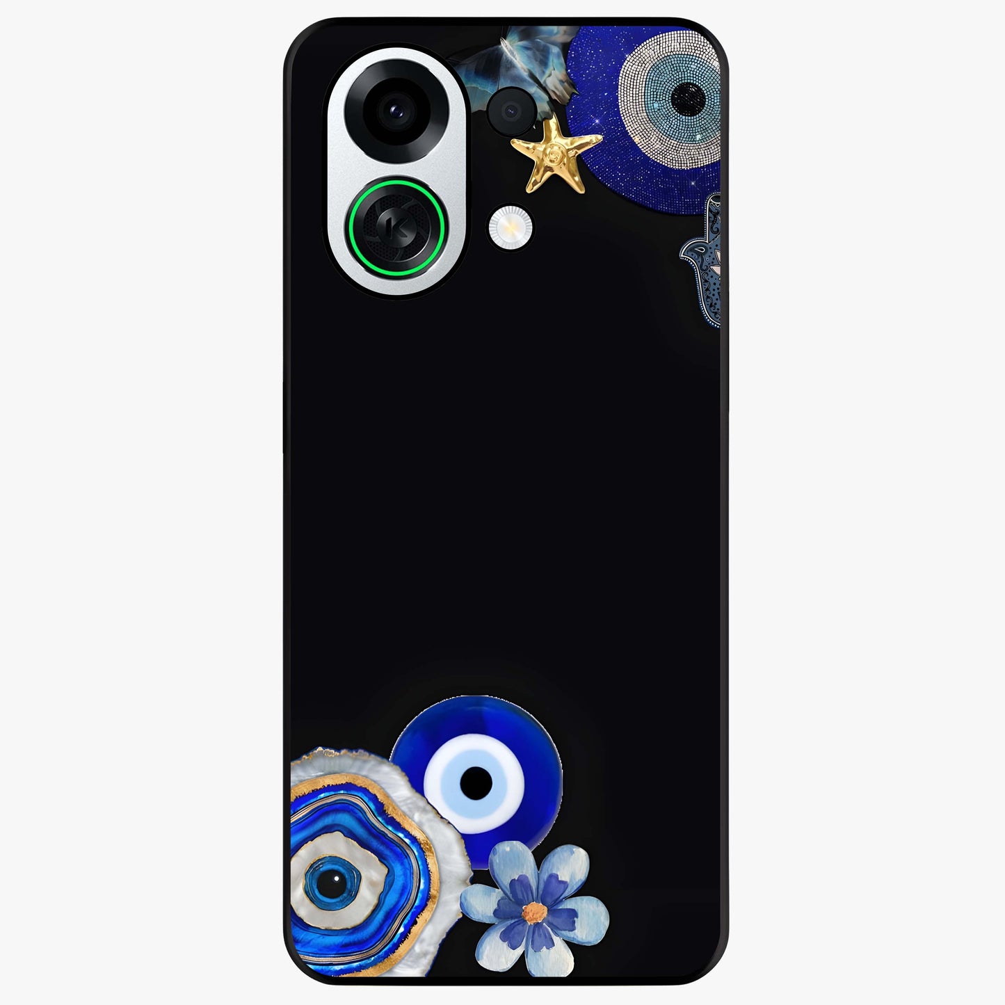 Aesthetic Blue Evil Eye Glass Case showing flat back view with protective evil eye artwork and glossy glass finish.