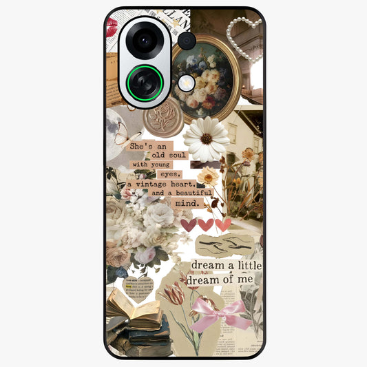 Aesthetic Brown Vintage Collage Glass Case showing flat back view with retro collage artwork and glossy glass finish.