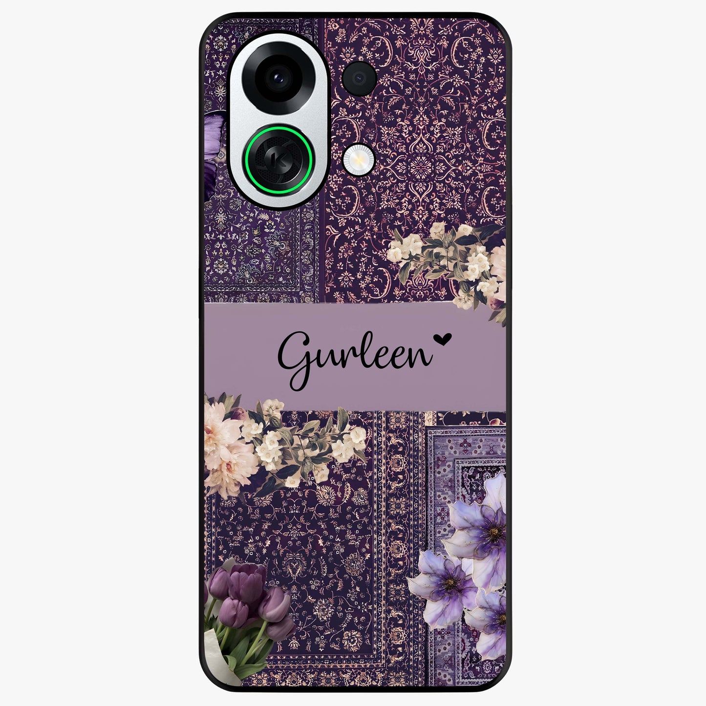 Antique Floral Whisper Custom Name Glass Case showing flat back view with vintage floral artwork and personalized name design.
