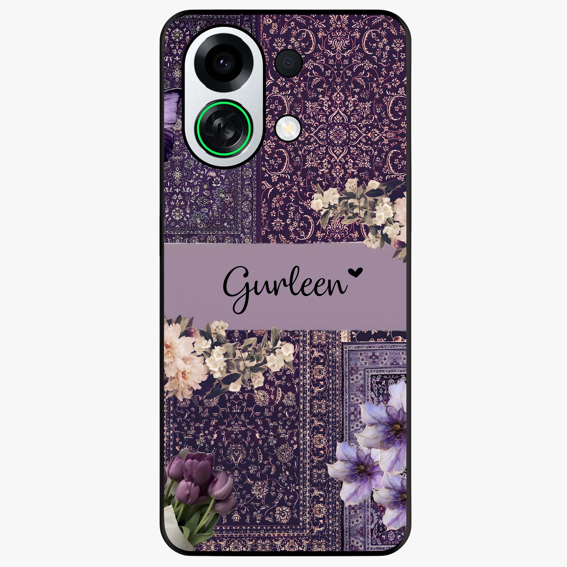 Antique Floral Whisper Custom Name Glass Case showing flat back view with vintage floral artwork and personalized name design.