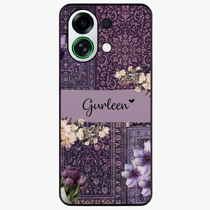 Antique Floral Whisper Custom Name Glass Case showing flat back view with vintage floral artwork and personalized name design.