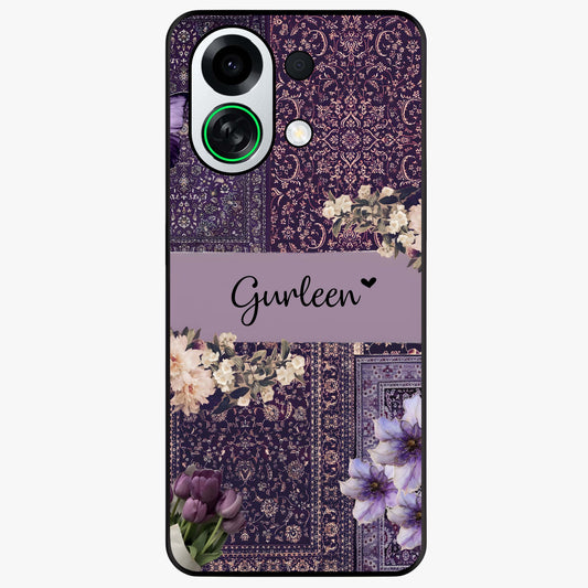 Antique Floral Whisper Custom Name Glass Case showing flat back view with vintage floral artwork and personalized name design.