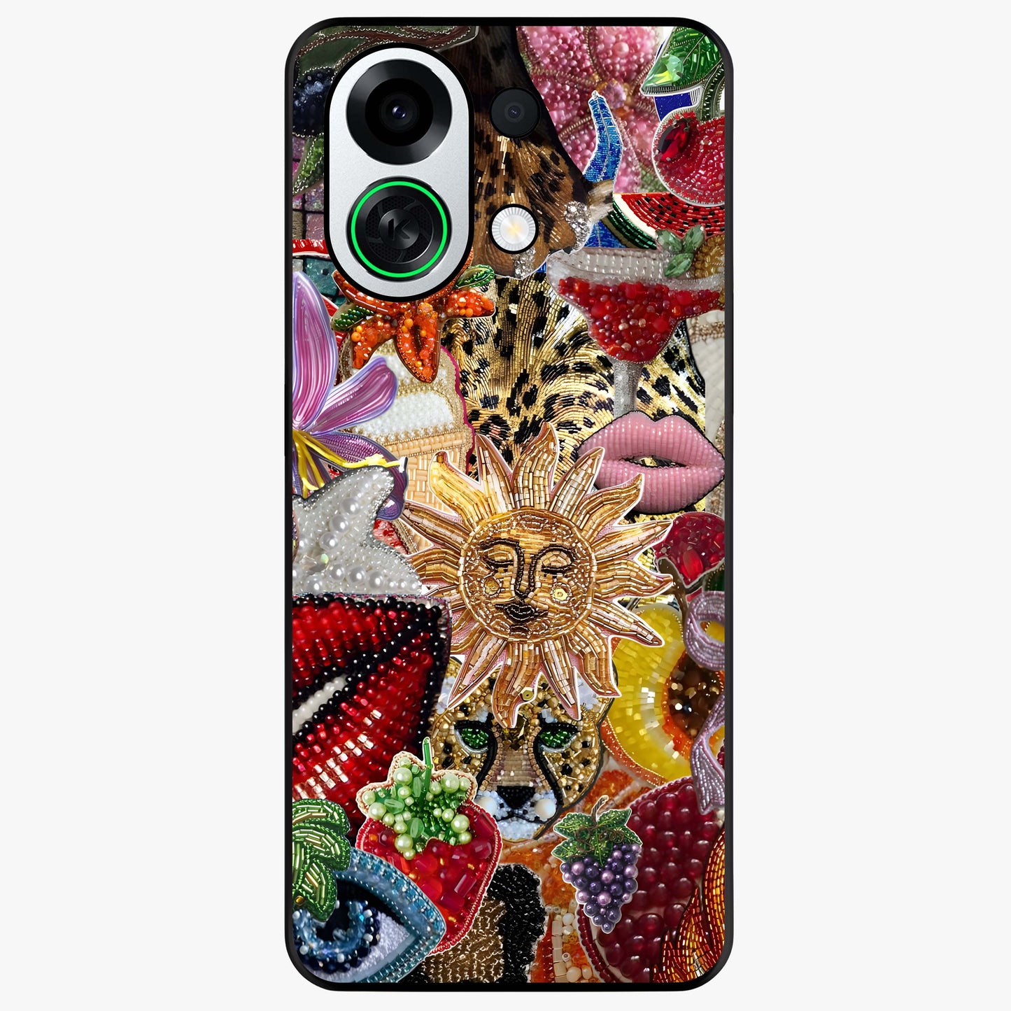 Beaded Fashion Jungle Glass Case showing flat back view with vibrant jungle inspired bead artwork and glossy glass finish.