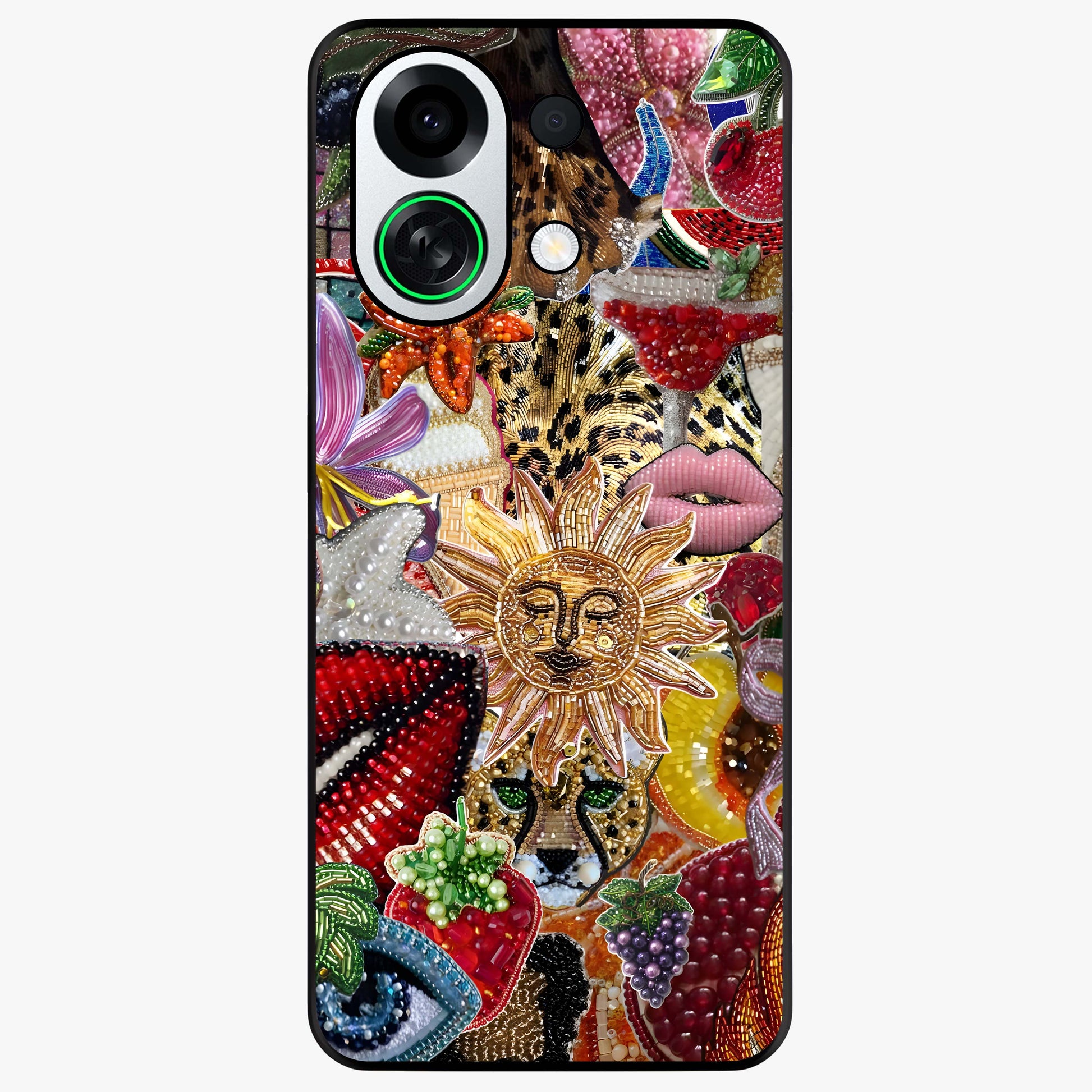 Beaded Fashion Jungle Glass Case showing flat back view with vibrant jungle inspired bead artwork and glossy glass finish.